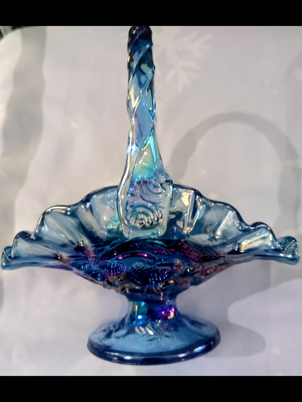 Fenton Blue Iridescent Glass Basket - Decorative Home Art